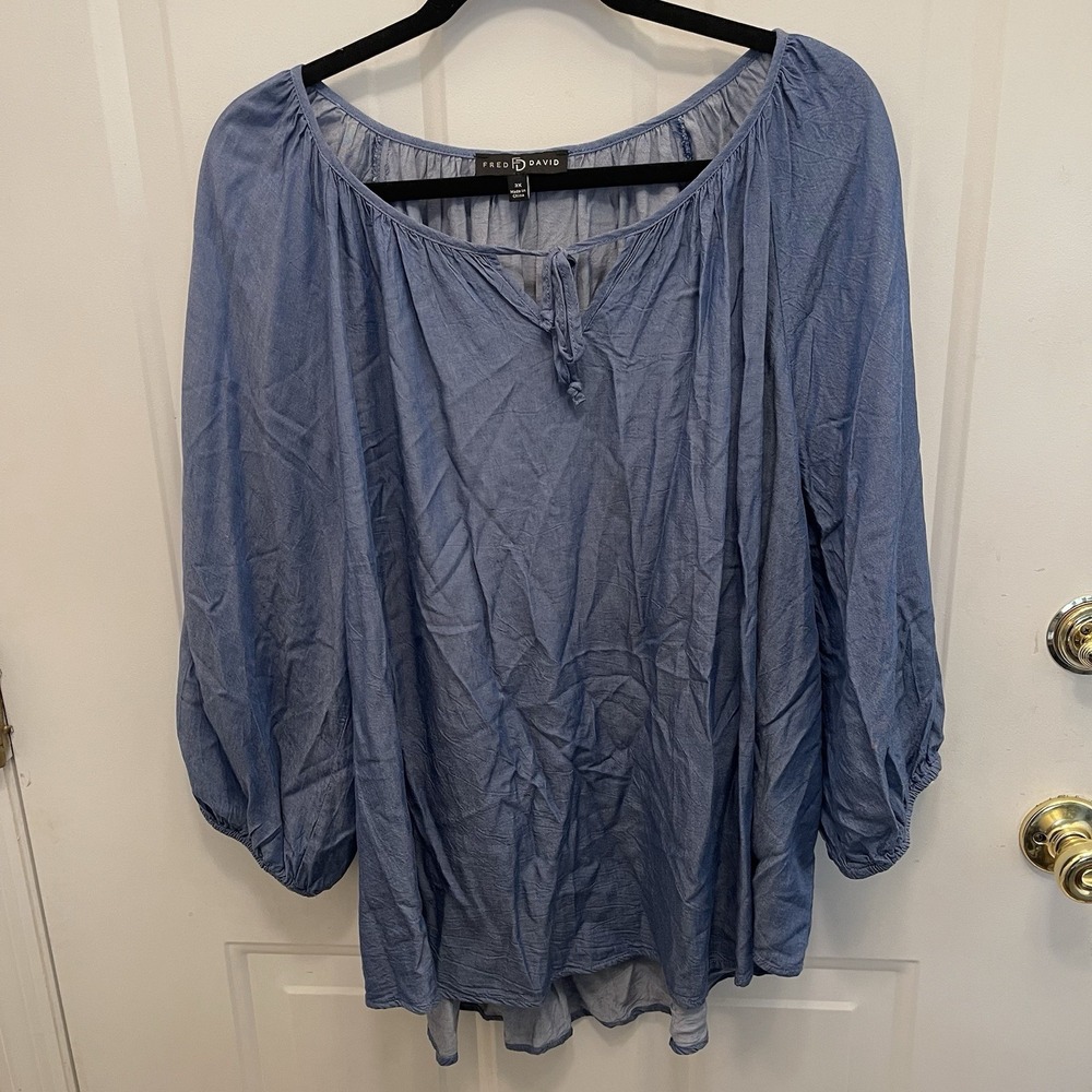 Fred David Blue Chambray Tie Neck Poet Sleeve Peasant Boho Top Women's‎ 3X